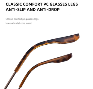 Detailed macro shot of transparent amber PC glasses temple with internal metal core insert