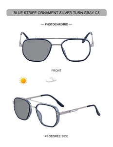 Front and side view of silver metal pilot sunglasses with blue stripe frames