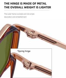 Detail of metal spring hinge and rose gold arms on square frame sunglasses