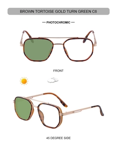 Detail of square photochromic sunglasses showing lens color change and gold metal bridge
