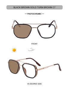 Detail of square photochromic sunglasses with double bridge and spring hinges in gold brown