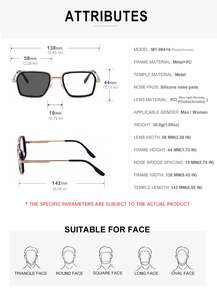 Detailed dimension guide for square photochromic sunglasses with metal spring hinges
