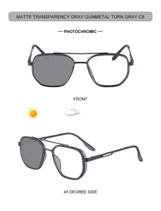 Macro detail of gunmetal frame sunglasses with photochromic lenses and spring hinges