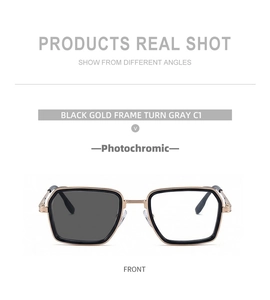 Detail view of square photochromic sunglasses featuring a black gold frame and grey lenses