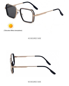 Square photochromic sunglasses with metal spring hinges and black gold frame detail