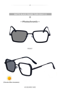 Macro detail of photochromic lenses changing from clear to gray with matte black frame