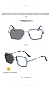 Macro detail of square silver frame sunglasses with photochromic lenses and blue stripes