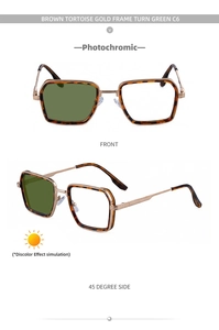 Detail of photochromic square sunglasses showing tortoise frame and green tint lens
