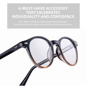 Close-up of retro round frames with metallic rivets and stylish tortoise gradient finish
