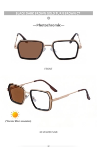 Macro detail of square photochromic sunglasses with black gold frame and spring hinges