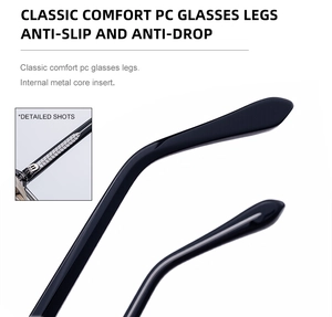 Detail of ergonomic black PC eyewear temple with inner metal core for stability