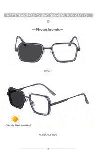 Detailed views of square photochromic sunglasses with matte grey and gunmetal frames