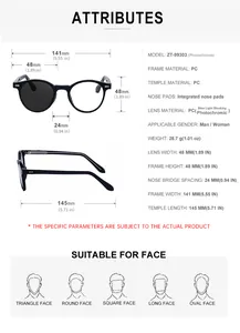 Detailed size chart for round photochromic sunglasses with PC frame measurements