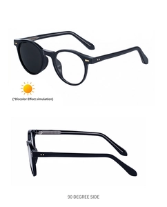 Detail of round photochromic sunglasses showing discoloration effect and side view
