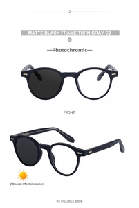 Detail view showing photochromic gray lenses and matte black round frame of the sunglasses