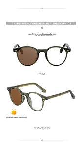 Detail of round green photochromic sunglasses lenses changing from clear to brown tint