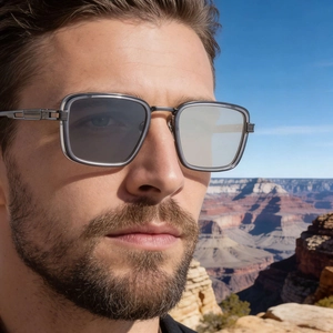 Detail of square photochromic sunglasses with metal spring hinges on a model outdoors
