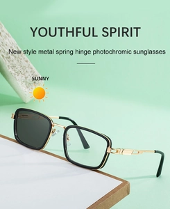 Detail of square photochromic sunglasses with metal spring hinges and black gold frame
