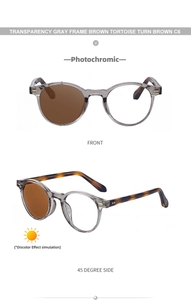 Detail of round photochromic sunglasses showing lens transition from clear to tea brown tint