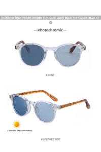 Macro view of round transparent frames and tortoise temples on photochromic sunglasses