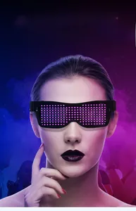 Front view of LED party glasses with glowing pink dots on a sleek black frame