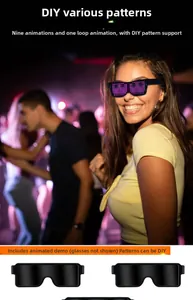 Close-up of LED smart glasses displaying customizable purple light patterns via APP control