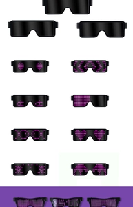 Detail of LED luminous glasses showing multiple patterns like hearts and currency symbols