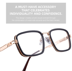 Detail view of square black frame sunglasses with rose gold metal temples and striped pattern
