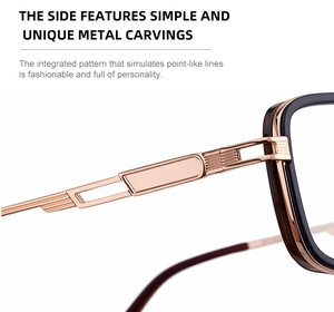 Detail of rose gold metal temples with intricate dotted line engraving on square sunglasses