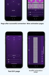 Smartphone app interface showing Bluetooth LED glasses control for custom DIY text and animation