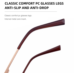 Detail of translucent brown eyewear temples with internal metal core for durability
