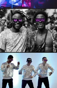 Detailed views of LED glowing glasses with purple light patterns and tech-style models