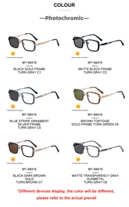 Detailed catalog of square photochromic sunglasses in various metal and acetate frames