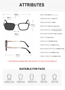 Size chart for square photochromic sunglasses with full frame measurements and face guide