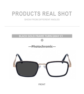 Front detail of photochromic square sunglasses with black gold frame and turning gray lenses