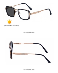 Detail of square photochromic sunglasses with black-gold frame and hollow spring legs