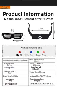 Technical specifications of the APP Bluetooth LED glasses featuring custom pattern display