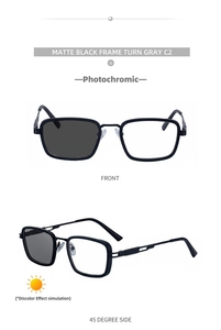 Detail view of square matte black sunglasses featuring photochromic lenses and spring hinges