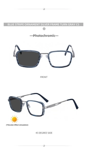 Square photochromic sunglasses with blue striped silver frame and spring hinge detail