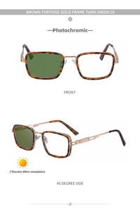 Detail view of photochromic square sunglasses with tortoise frame and gold spring legs