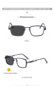 Detail view of square photochromic sunglasses with matte grey frame and spring hinges
