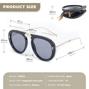 Detailed size chart for oversized foldable rhinestone sunglasses with metal frame specs
