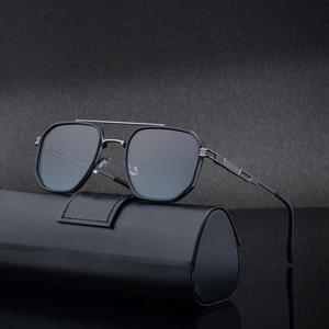 Retro square metal sunglasses with double bridge and dark grey lenses for men