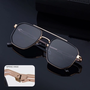 Retro square men's sunglasses with double-bridge frame and flexible spring hinges
