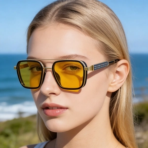 Modische quadratische Pilotenbrille mit gelben Gläsern und Vintage Doppelsteg-Rahmen