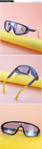 Close-up views of steampunk oversized cycling sunglasses in purple, blue and yellow