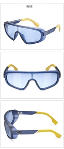 Three-angle views of steampunk shield sunglasses with blue lenses and yellow temples