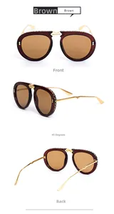 Detailed views of brown rhinestone folding sunglasses in front, side, and back perspectives