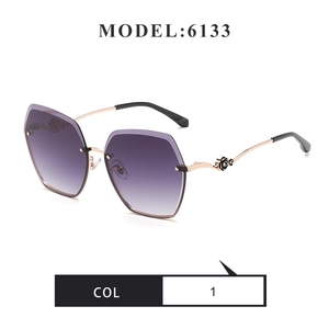 Close-up of rimless polarized sunglasses showing 6133 rose gold flower hinge detail