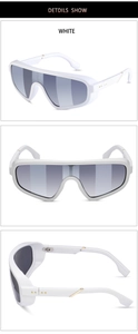 Detailed views of white steampunk wrap-around sunglasses with silver mirror lens